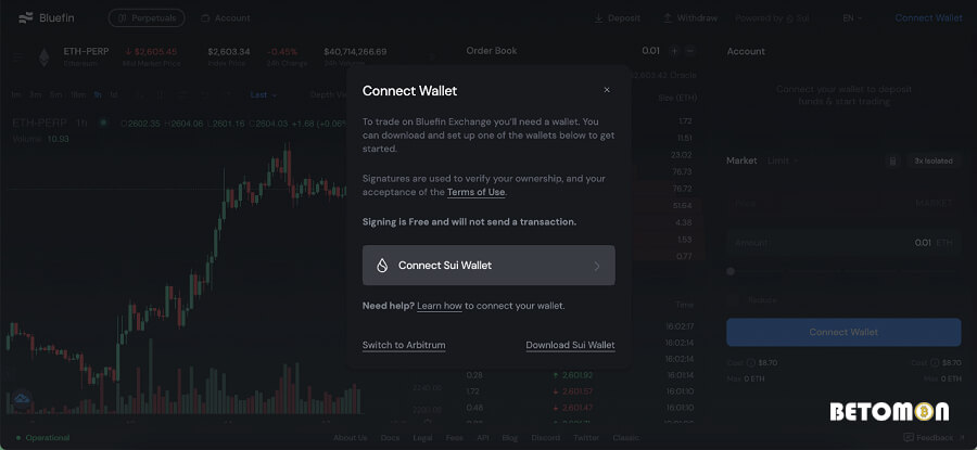 Link the Sui wallet on Bluefin
