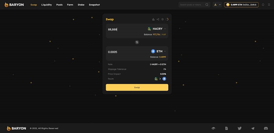 Swap token HAIRY on Baryon