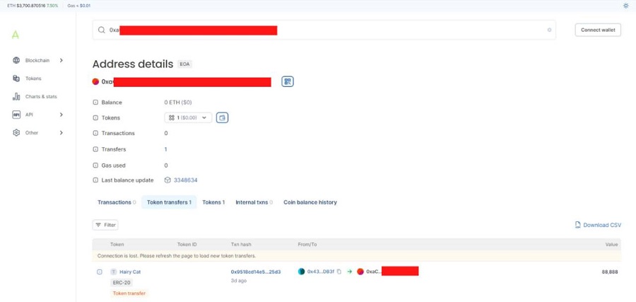 Wallet interface when receiving the HAIRY token airdrop